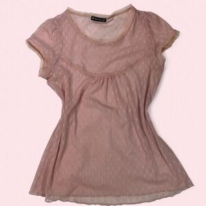 Vintage Pink Sheer Babydoll Top With Ruffle Trim and Polka Dot Pattern